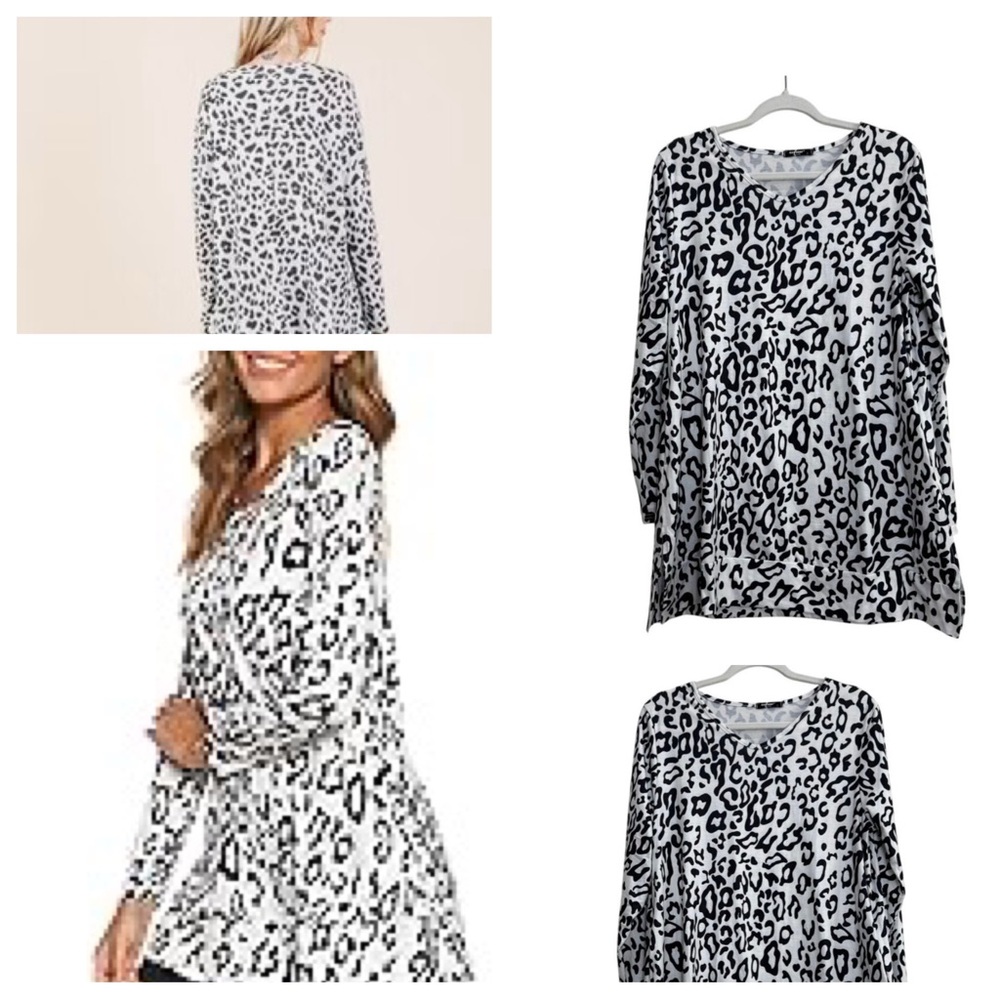 Maysoar Womens Tunic Tops Leopard Print Shirt Long Sleeve V Neck Blouse NWOT